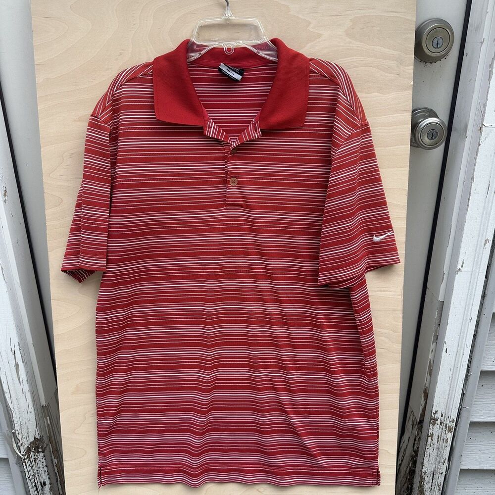 Nike Golf Mens Dri-FIT Striped Polo Shirt Red White Short Sleeve Size Medium